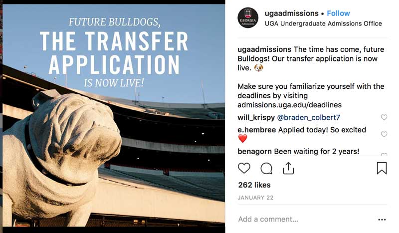 The University of Georgia uses Instagram to update students about important admissions information and provides a short URL for their admissions website.