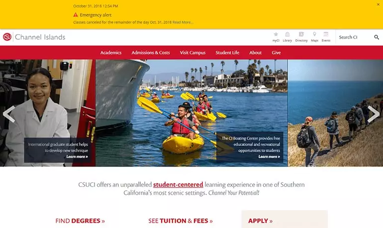 The best university websites have an emergency alert system to notify students and the community of school closures like the one at California State University Channel Islands.