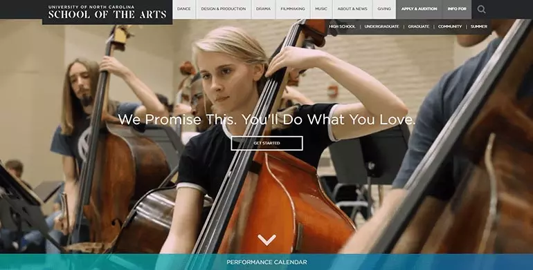 University of North Carolina School of the Arts’ home page showcases stunning footage from student performances and rehearsals—giving prospective students a glimpse into what it’s like to study dance, design and production, drama, filmmaking, and music at the school. 