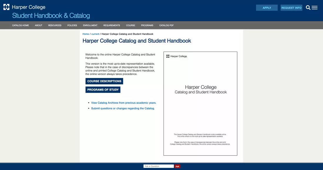 The best college websites like Harper College’s include an interactive catalog that makes it easy for students to navigate for more detailed information.