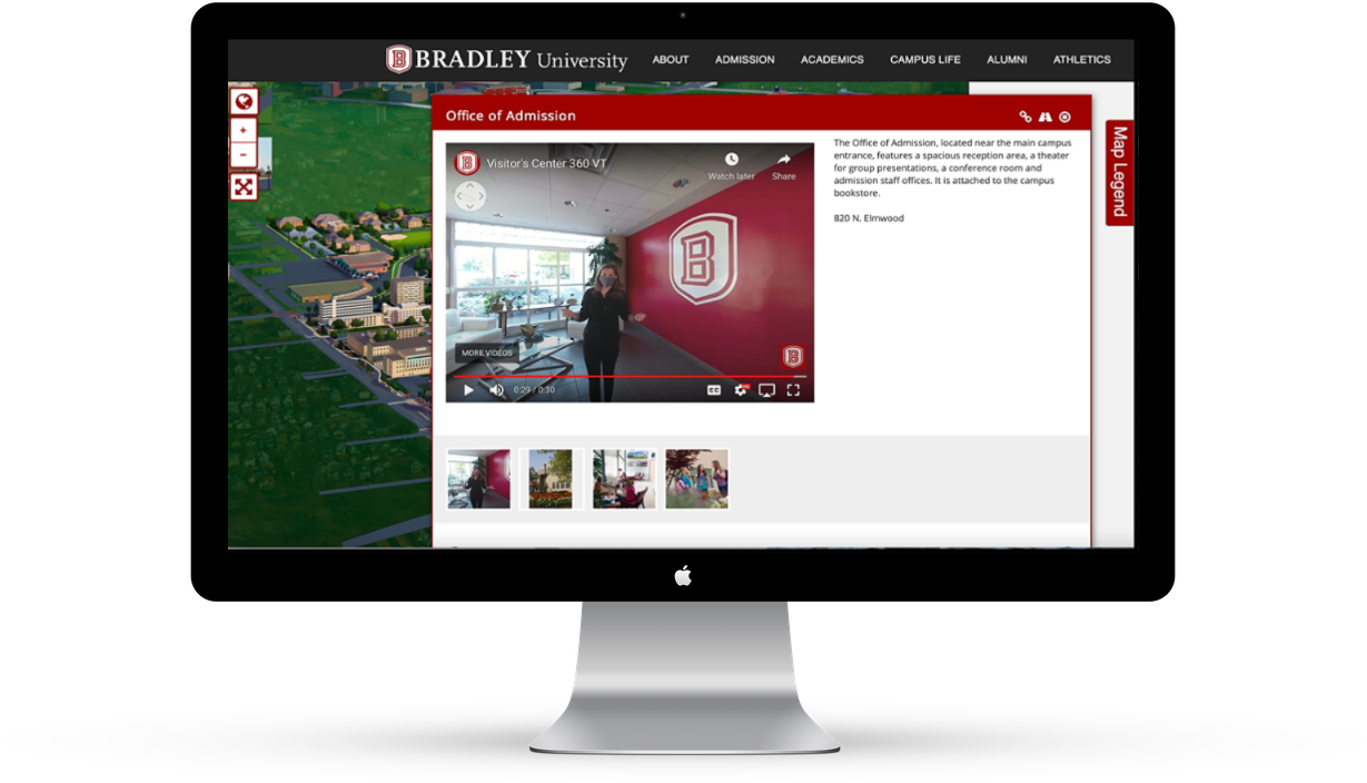 Bradley University’s online campus map tour is led by an actual admissions counselor.