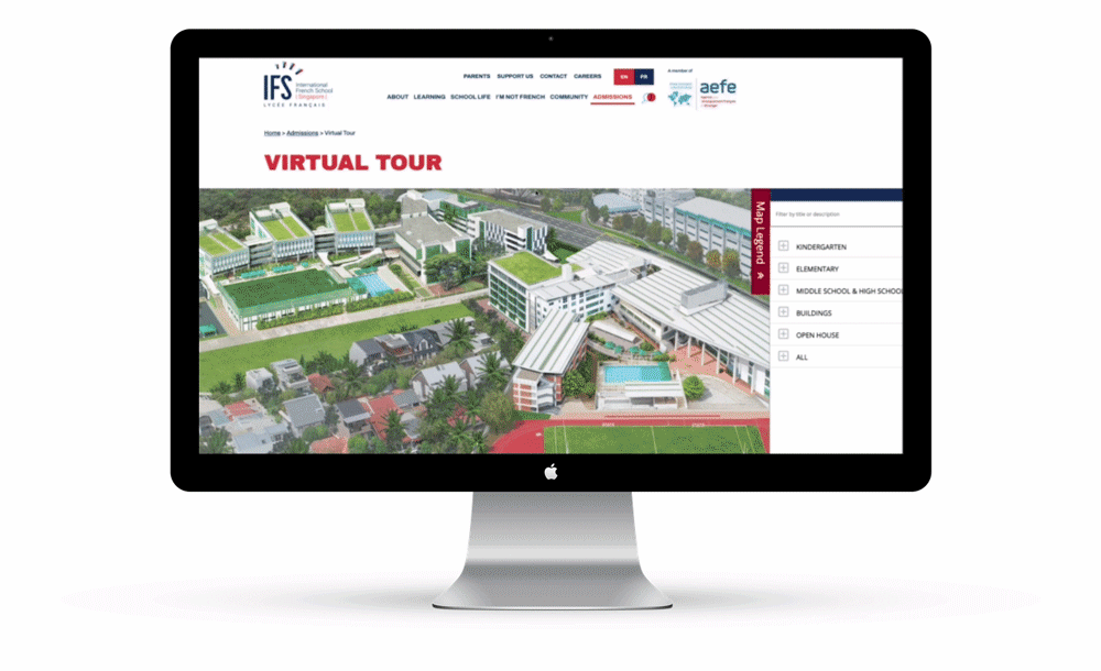 The International French School’s campus map changes seamlessly from English to French with the click of the language button.