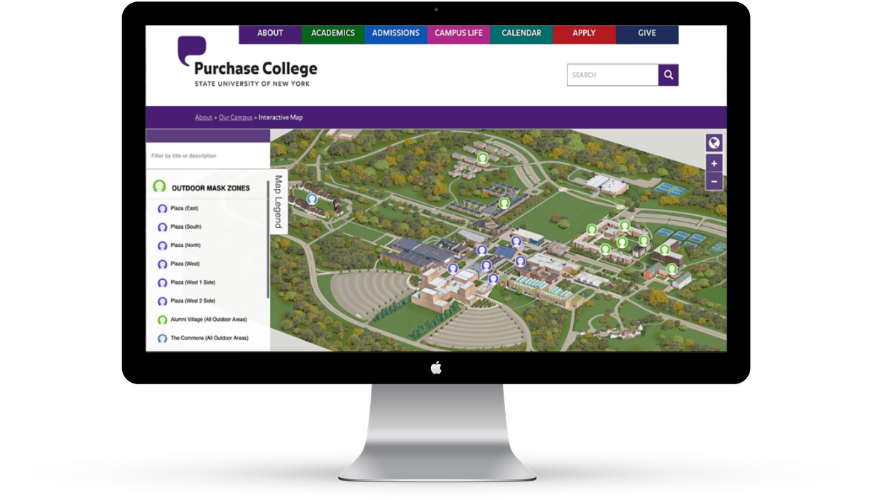 Purchase College created a sub-map that identifies where masks must be worn on campus.