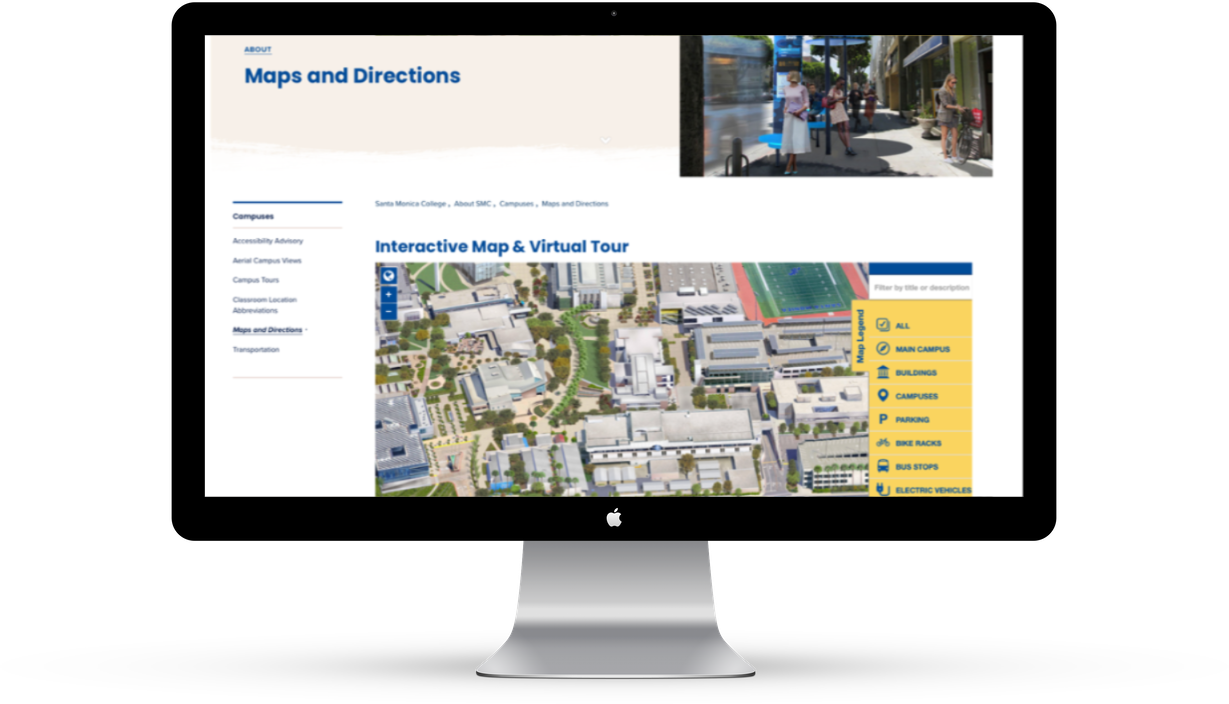 Santa Monica College features a filter-rich campus map and virtual tour on their website.