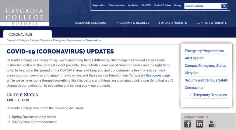 The COVID-19 Cascadia College page presents essential information in a direct, reassuring tone.
