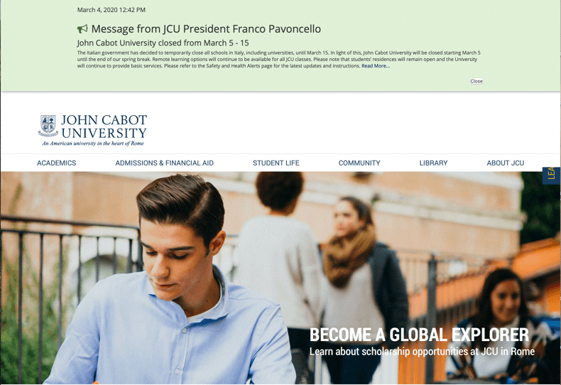 John Cabot University in Rome, Italy announced campus closures with an alert on their home page.