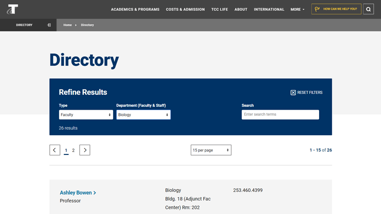 Tacoma Community College lists vital contact information directly on the directory page.