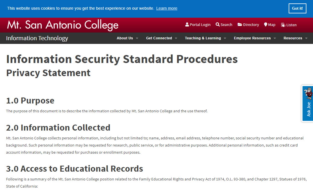 US colleges and universities should have a clear privacy policy available on their website.