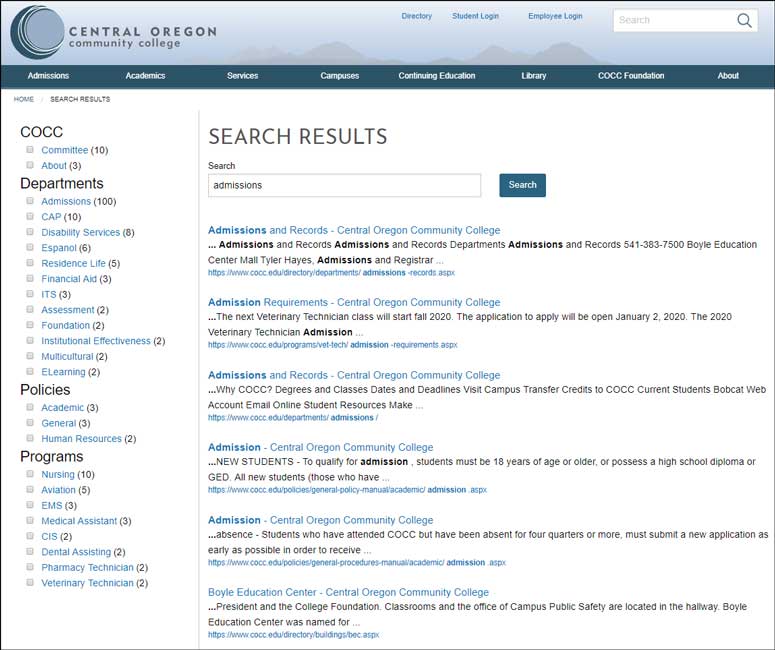 Central Oregon Community College effectively uses Modern Campus CMS Website Search with parametric filtering, which allows site visitors to narrow down search results by keywords or categories. 