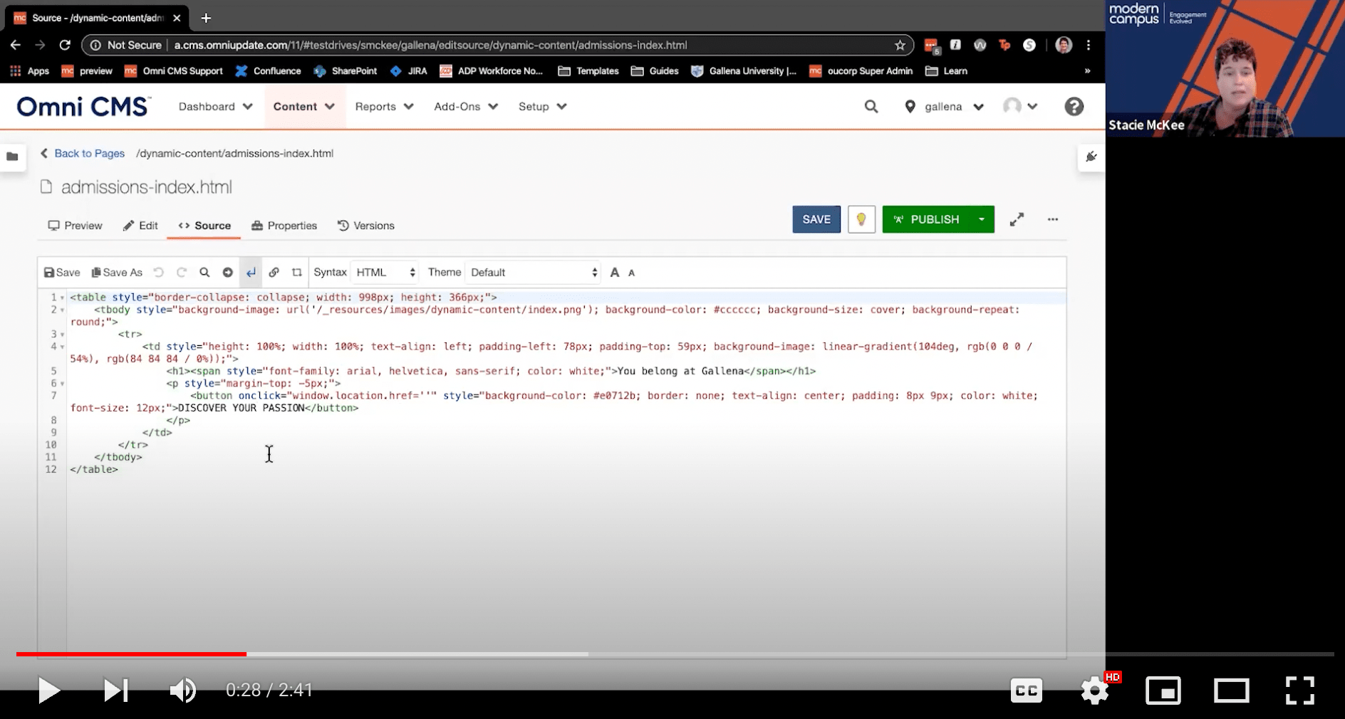 preview of Stacie McKee in her youtube video talking about Modern Campus Omni CMS powered by Instinct