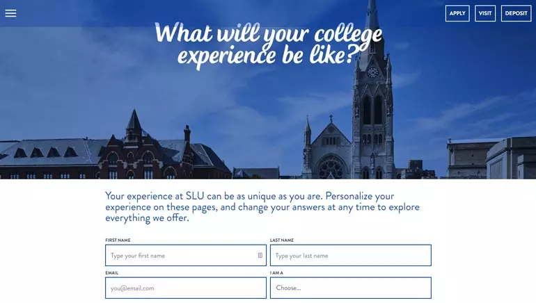 Saint Louis University’s admissions page allows students to customize their educational journey, a feature that earned the school a spot in this year’s best higher education marketing campaigns. 