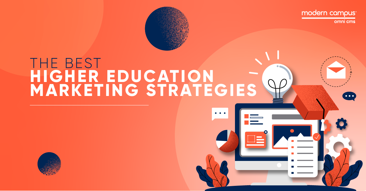 Graphic design showing the phrase higher education marketing strategies
