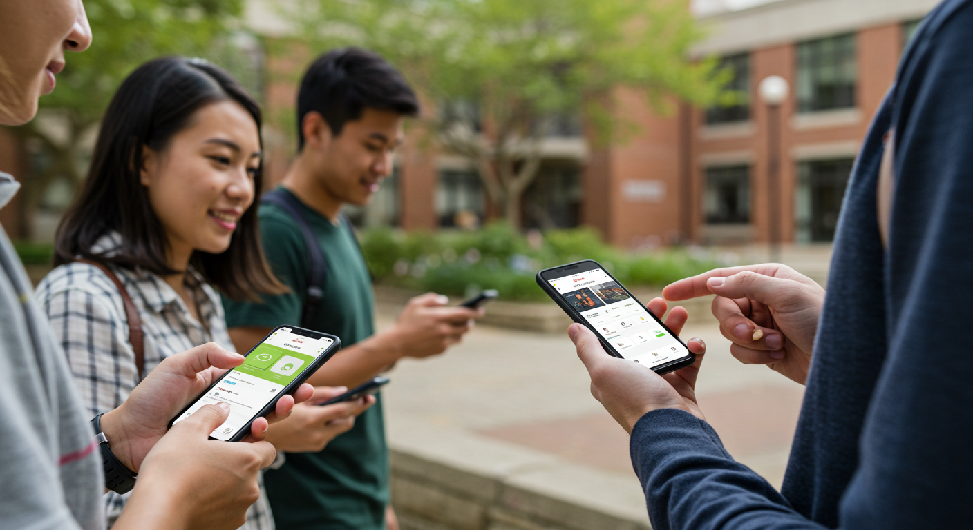 students texting outside