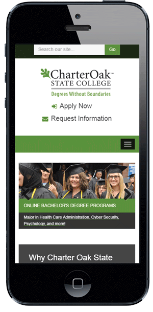Charter Oak State College's responsive website on a mobile device.