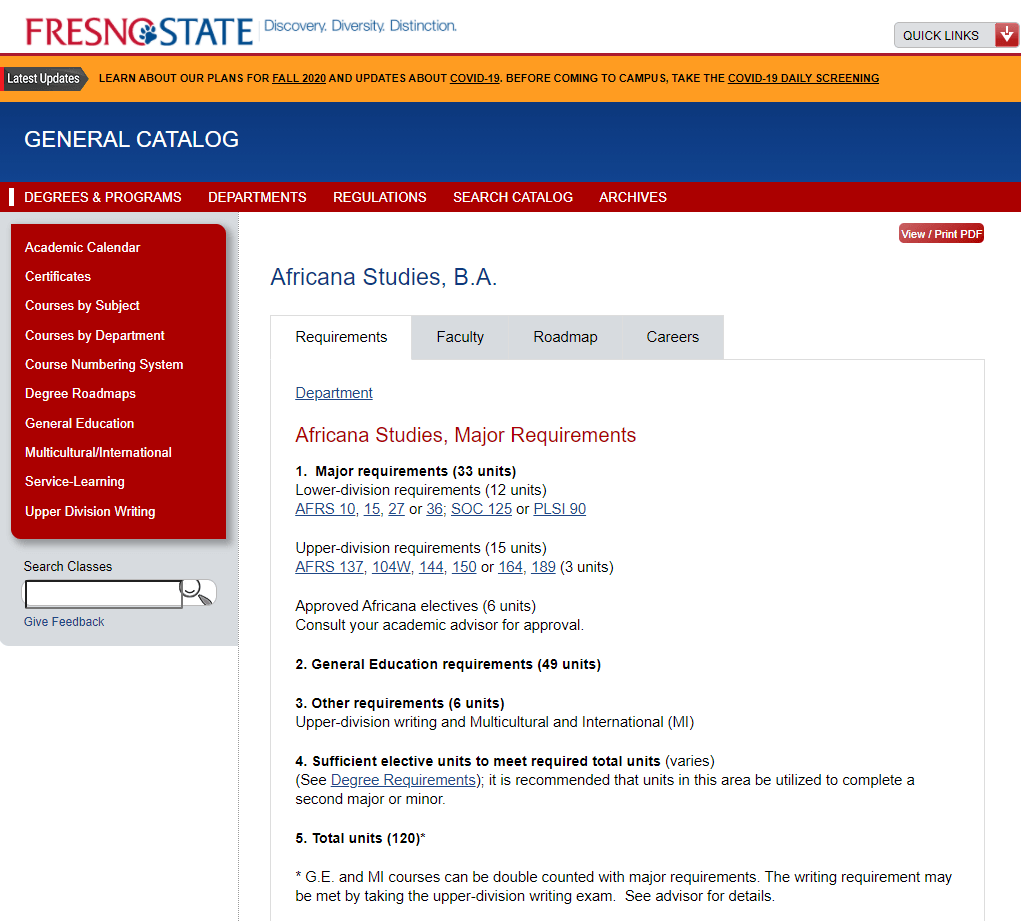 Fresno State course catalog information is easily pulled from PeopleSoft into Modern Campus CMS to populate the Department, Courses, and Faculty tabs.