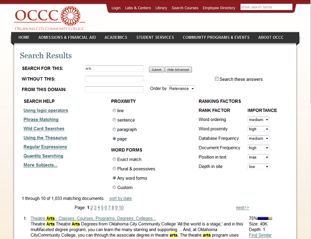 OCCC gives visitors the ability to find information within departments, such as the Division of Business, without filtering through unnecessary results from other areas of the website.