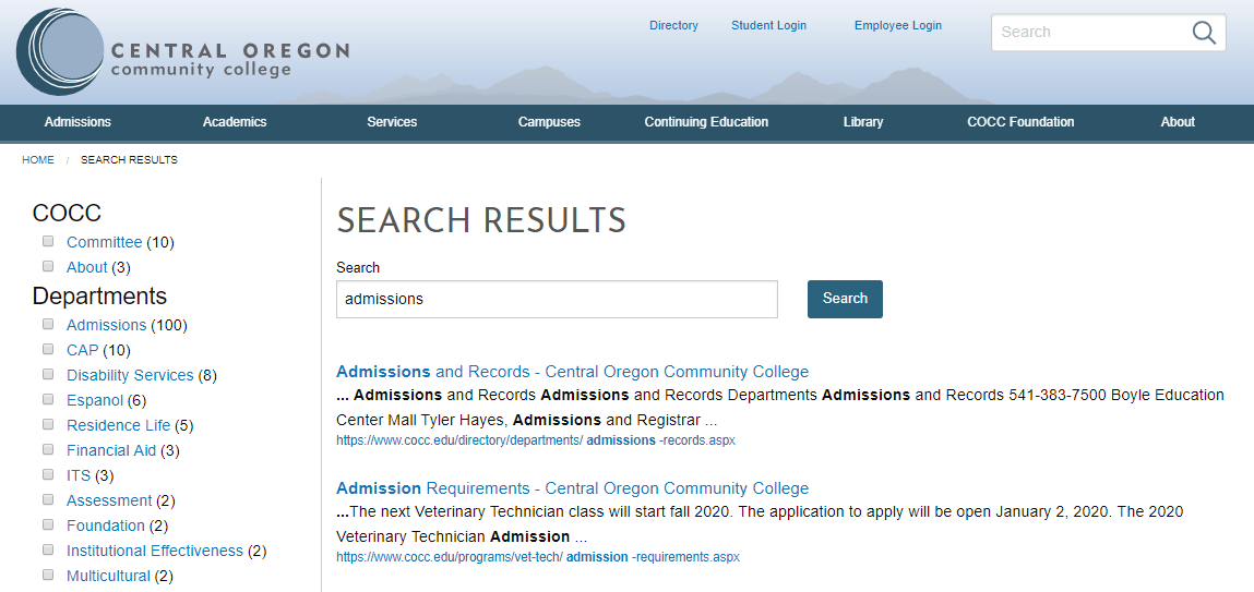 Central Oregon Community College uses Modern Campus Omni CMS Search.