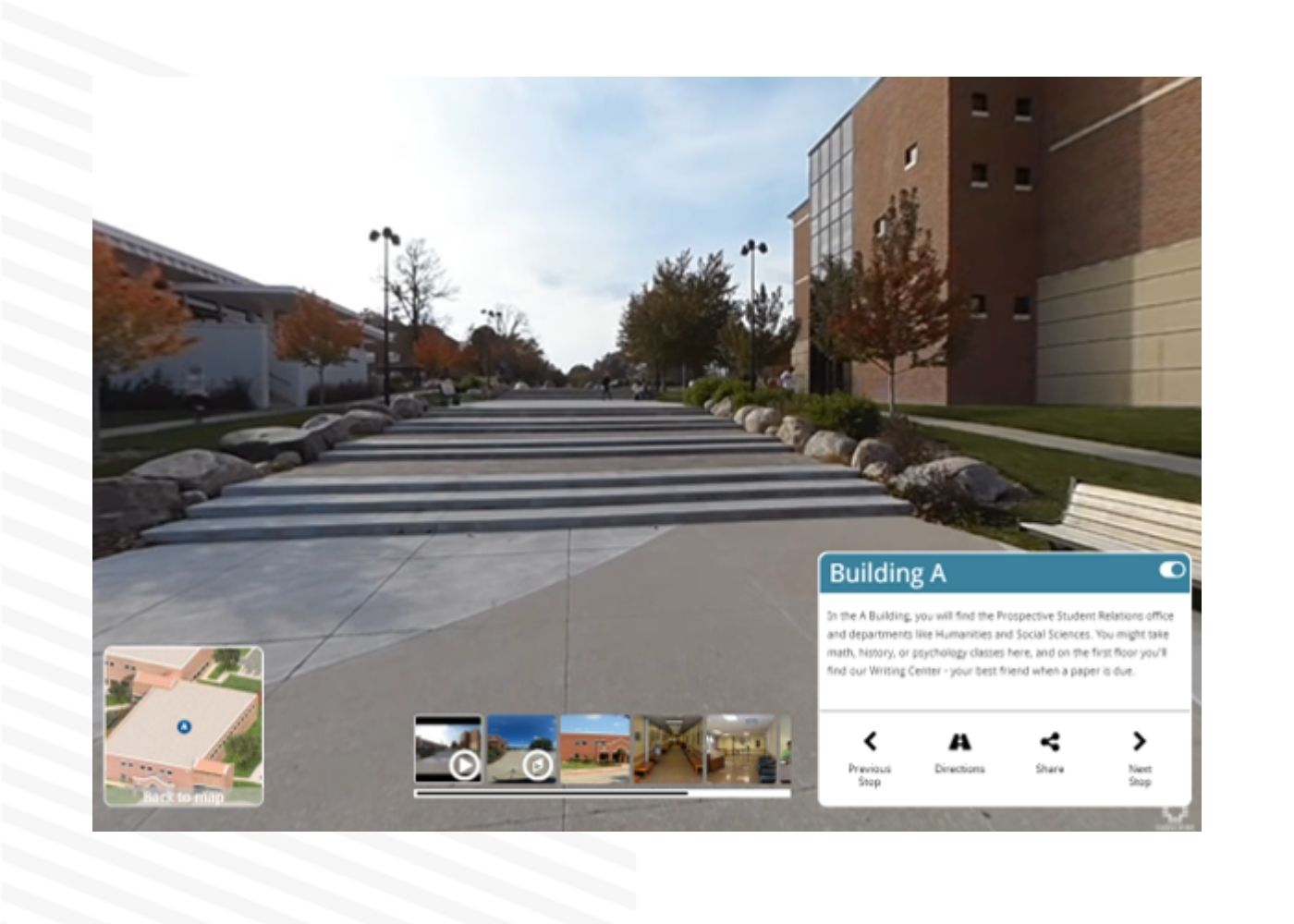Utilize existing or new 360 panorama photos and videos with our campus map software to create compelling campus tours.