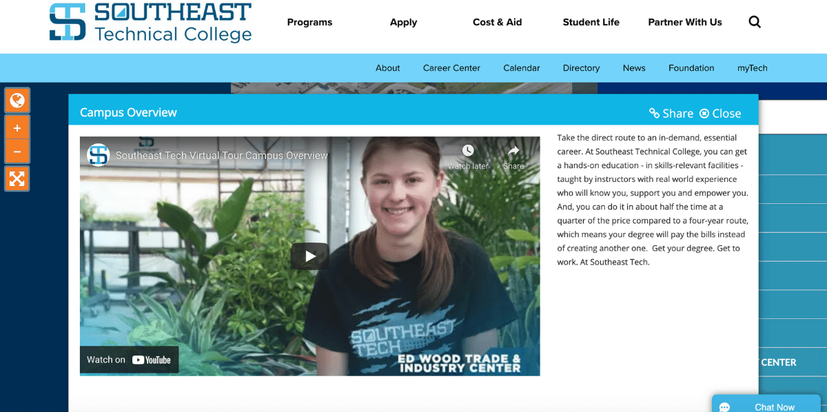 The Southeast Technical College virtual campus tour begins with a video overview provided by a student. 