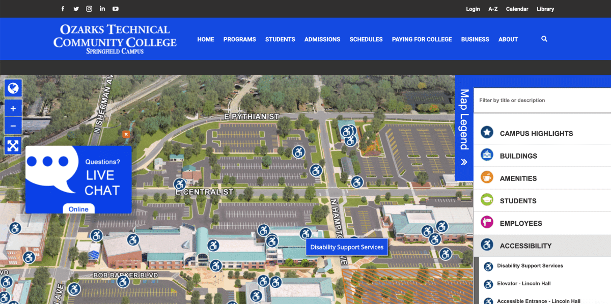 Ozarks Technical Community College includes a submap highlighting accessibility entrances and other features on campus.