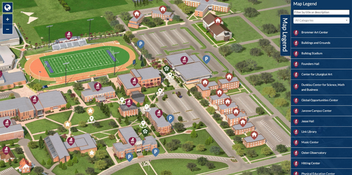 On The Master’s University campus map, students can click on a departmental map showing residence halls, then watch a video and even share directions for each specific hall. 