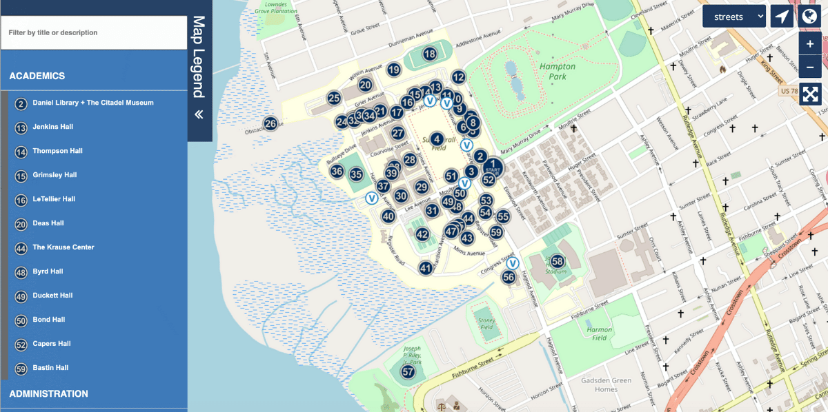 The Citadel’s campus map software includes a feature that lets students get directions from their location to a specified location on campus.