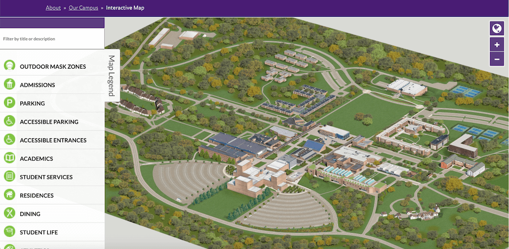 The Purchase College campus map provides a good example of the interactive features that a campus map for higher ed should include.