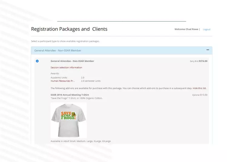 Conference Management Software Registration Packages and Clients Screenshot
