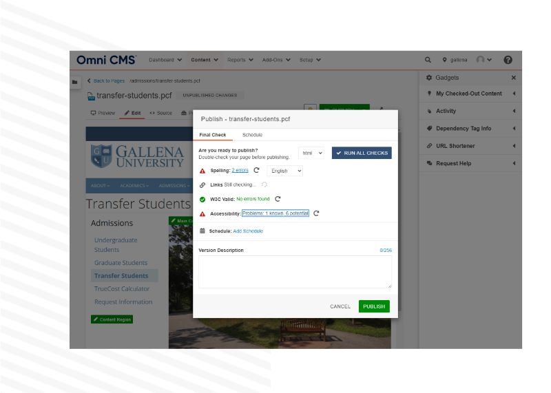 Check for page errors before publishing with Modern Campus CMS.