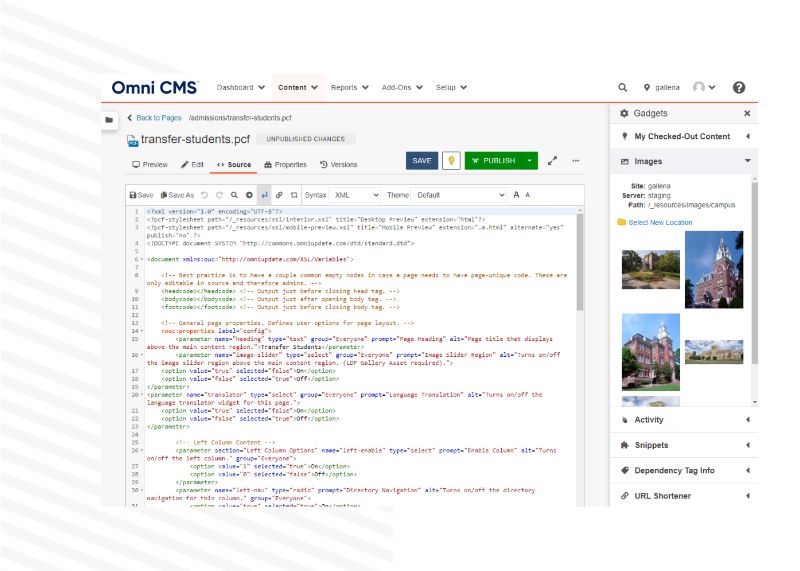 Easily edit page source code with Modern Campus CMS.