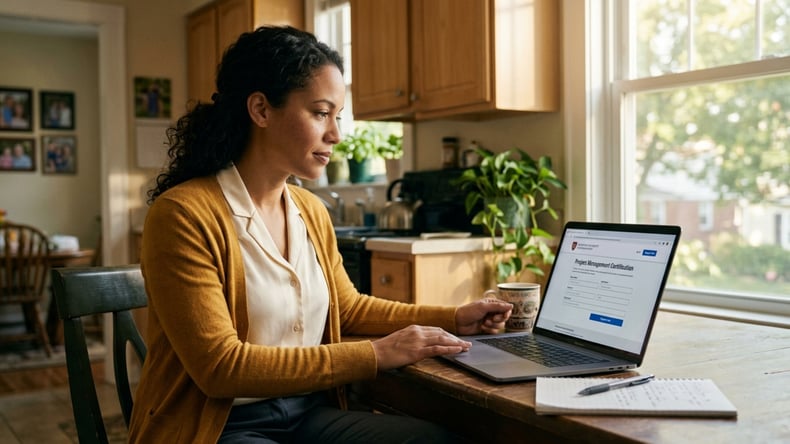 Adult learner registering for a continuing education course on a laptop at her kitchen table.