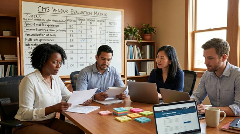 A cross-functional university team collaborating on CMS vendor evaluation in a conference room with a vendor scorecard on a whiteboard.