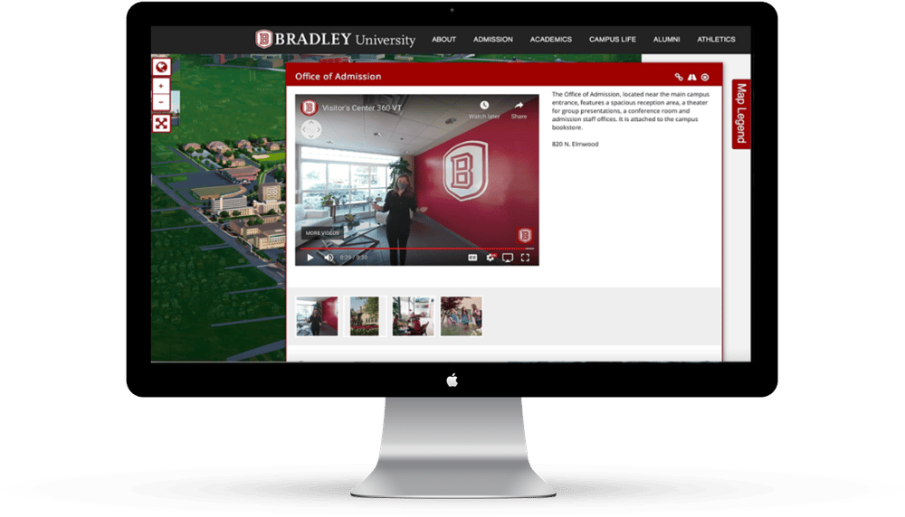 Bradley University’s online campus map tour is led by an actual admissions counselor.