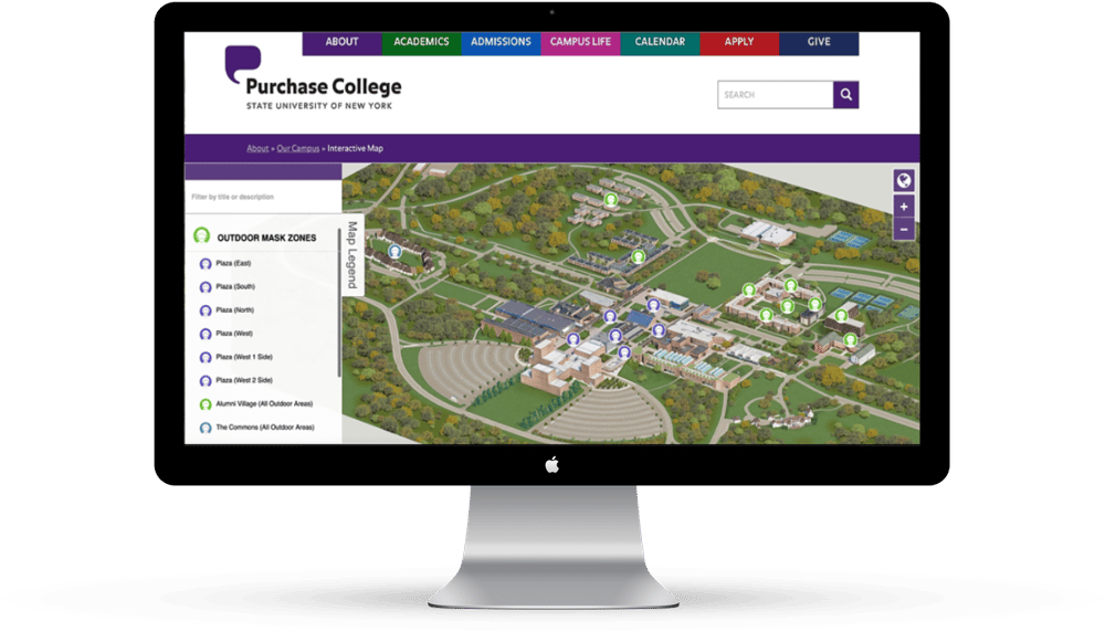 Purchase College created a sub-map that identifies where masks must be worn on campus.