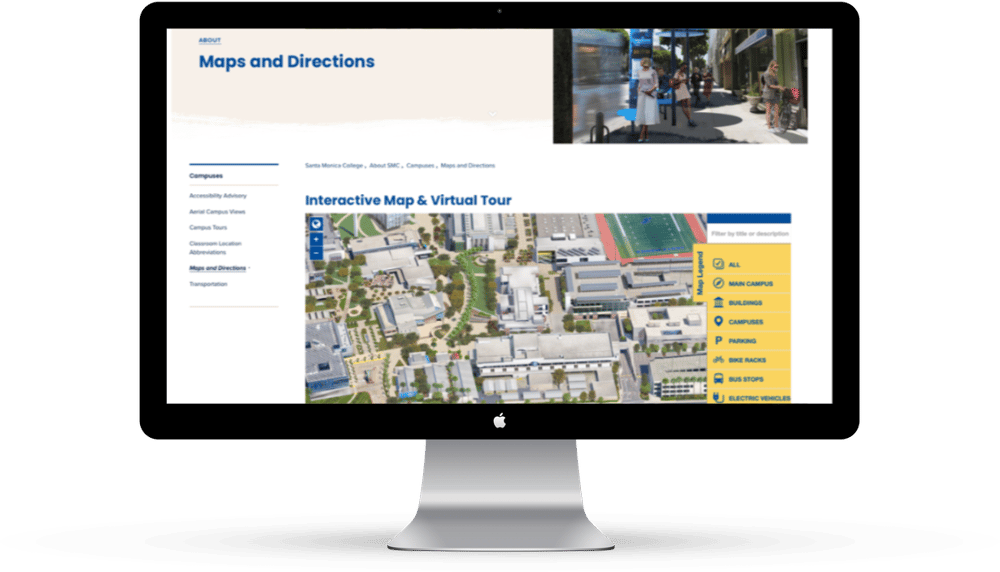 Santa Monica College features a filter-rich campus map and virtual tour on their website.