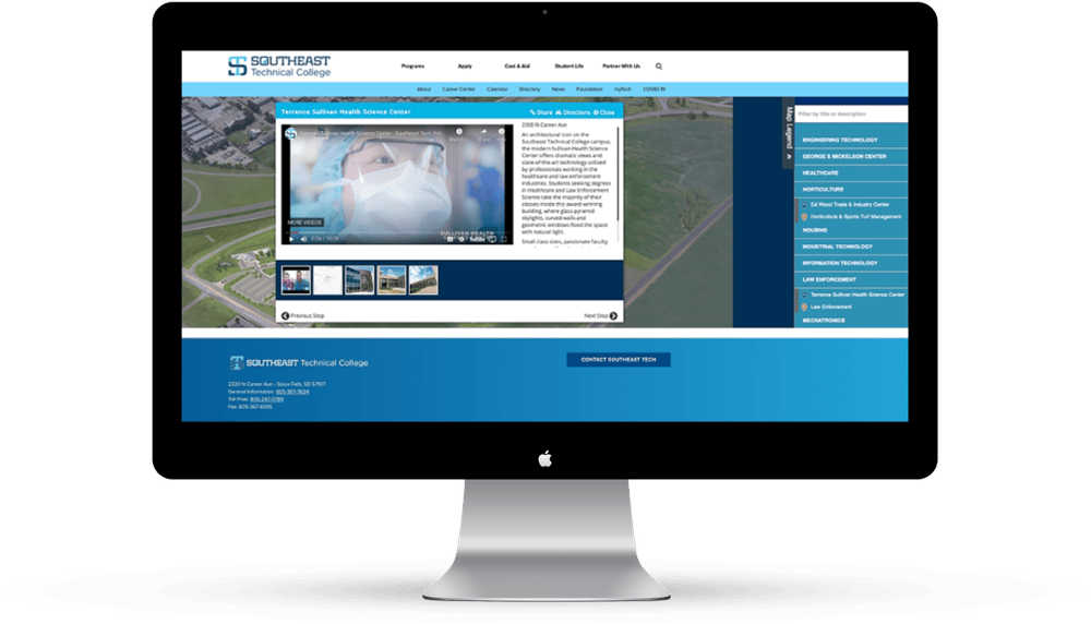 Southeast Technical College’s campus map uses its campus map software to the fullest by embedding actual program information into the map.