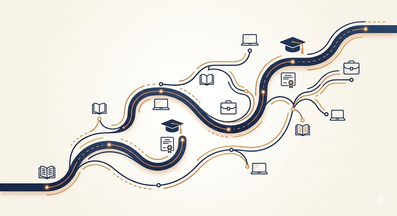 A winding learner pathway with multiple credential milestones across a career.