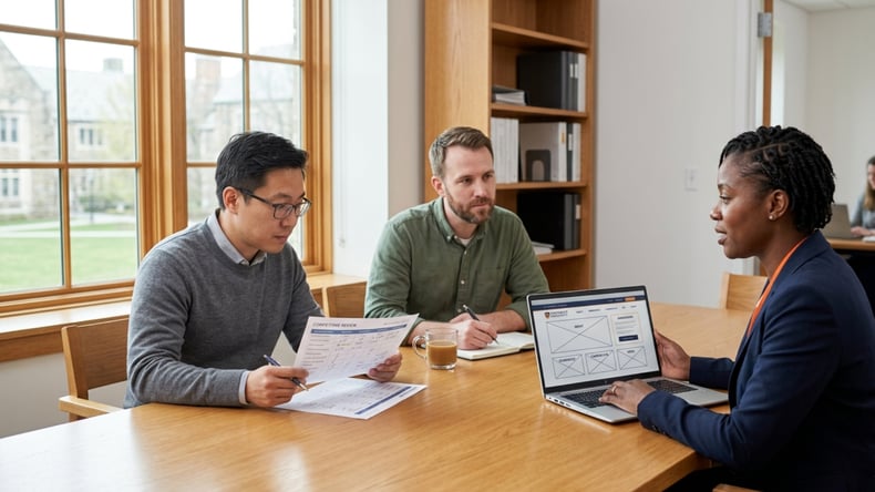 Three higher education professionals reviewing CMS vendor materials on a laptop and printed documents.