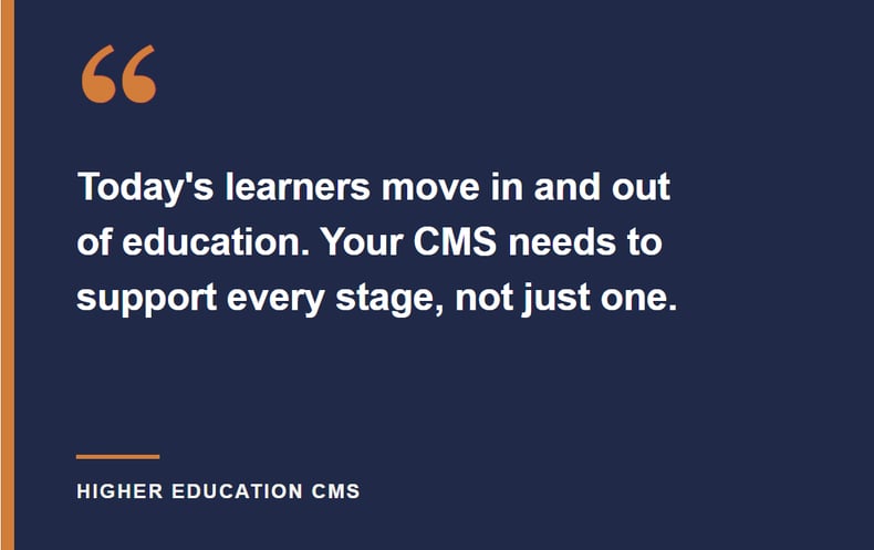 A pull quote on a dark navy background reading, "Today's learners move in and out of education. Your CMS needs to support every stage, not just one."