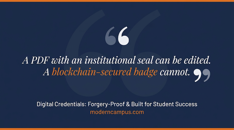 A diagram with a quote: "A PDF with an institutional seal can be edited. A blockchain-secured badge cannot."