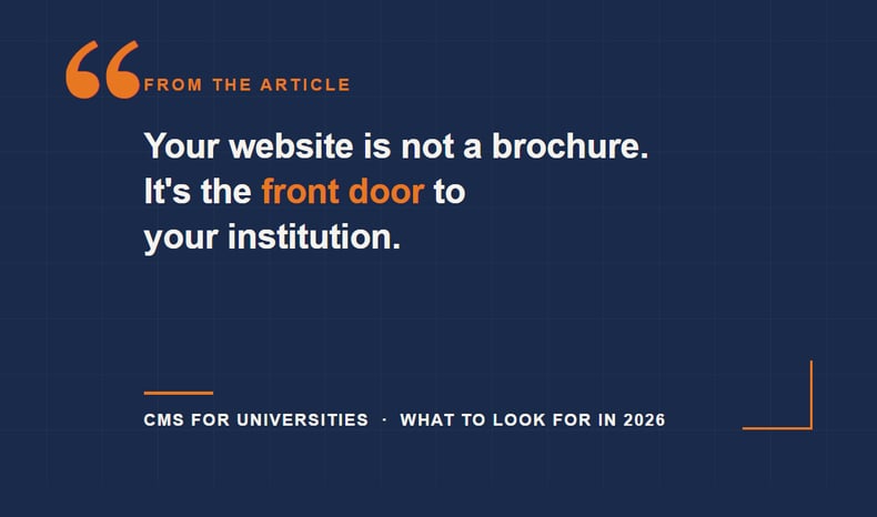 Pull quote graphic on dark navy background: 'Your website is not a brochure. It's the front door to your institution.