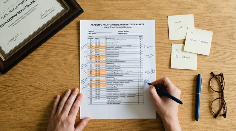Overhead view of a printed academic program worksheet annotated by hand alongside a certificate from an earlier program.