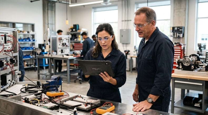 Adult learner in a short-term workforce education program using a tablet with an instructor in a training lab.