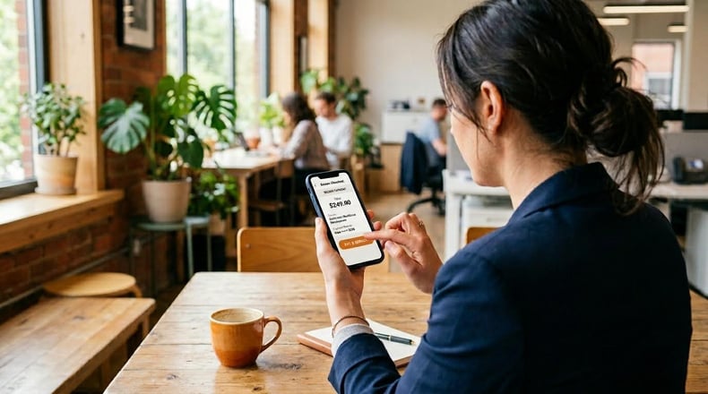 Adult professional paying for a short-term continuing education course on a smartphone.