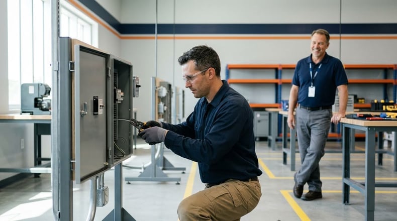 Adult student in a skilled-trades short-term training program, practicing hands-on skills.