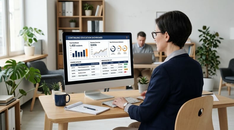 Continuing education administrator reviewing an enrollment and revenue dashboard on a desktop.