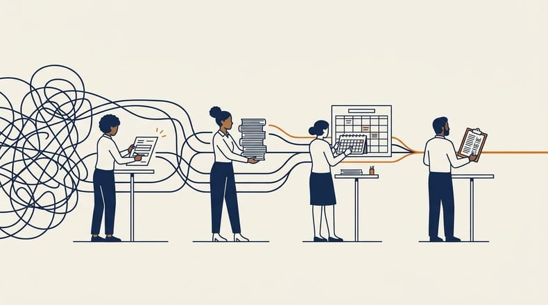 Four staff members each handling a different program type, connected by tangled workflow lines that converge into one organized path.