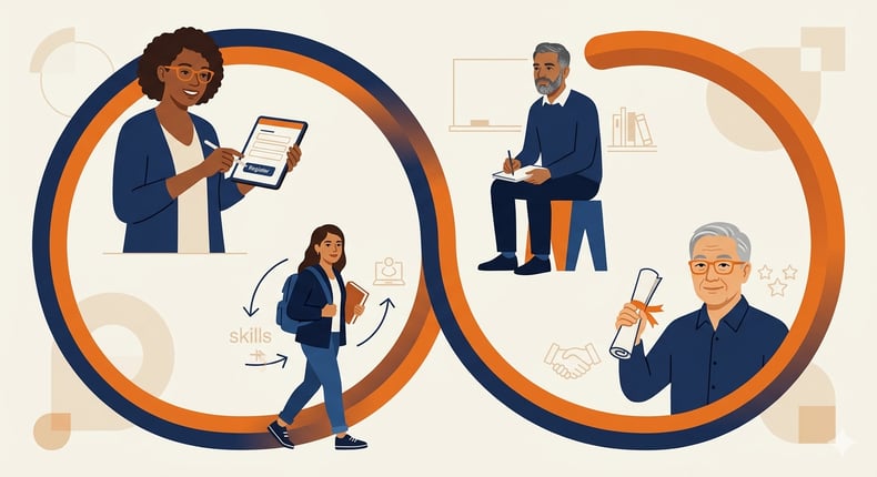 Diverse adult learners connected in a continuous lifelong learning cycle.