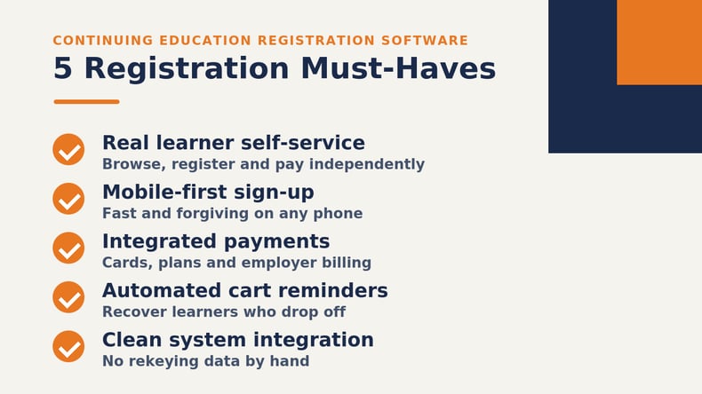 Checklist of five continuing education registration software must-haves: real learner self-service, mobile-first sign-up, integrated payments, automated cart reminders and clean system integration.