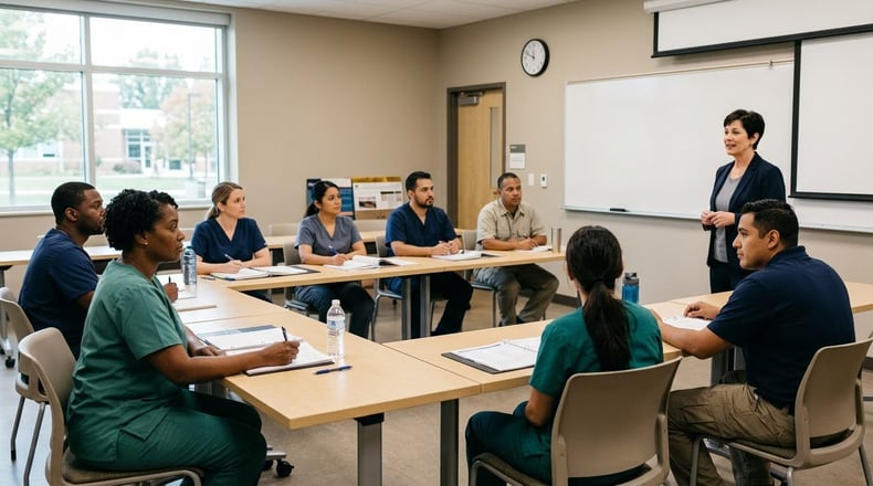 A small cohort of adult learners in work attire participates in a short-term workforce training session in a college classroom with an instructor at the front.